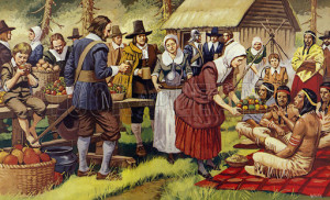 The First Thanksgiving in 1621, a year after the Pilgrim Fathers had left the Old World