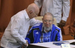 Cuba's former President Fidel Castro talks to Jose Ramon Machado during the closing ceremony of the seventh Cuban Communist Party (PCC) congress in Havana, Cuba, in this handout received April 19, 2016. Omara Garcia/Courtesy of AIN/Handout via REUTERS ATTENTION EDITORS - THIS IMAGE WAS PROVIDED BY A THIRD PARTY. EDITORIAL USE ONLY.