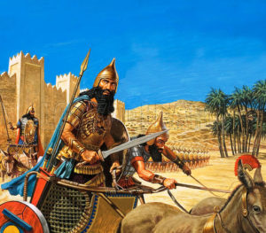 King Hammurabi goes to war, his chariot drawn by asses of a particularly tough breed
