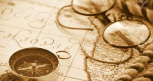 64013168-antique-compass-and-glasses-on-vintage-map-background